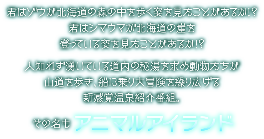 君はゾウが北海道の森の中を歩く姿を見たことがあるか！？君はシマウマが北海道の崖を登っている姿を見たことがあるか！？人知れず湧いている道内の秘湯を求め動物たちが山道を歩き、船に乗り大冒険を繰り広げる新感覚温泉紹介番組　その名もアニマルアイランド