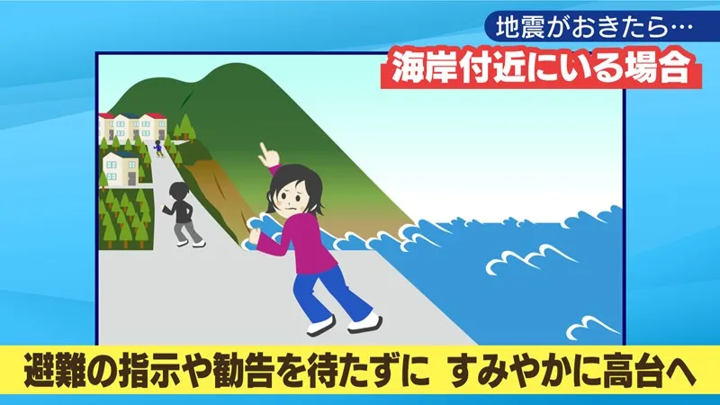 海岸付近にいる場合：非難の指示や勧告を待たずに すみやかに高台に