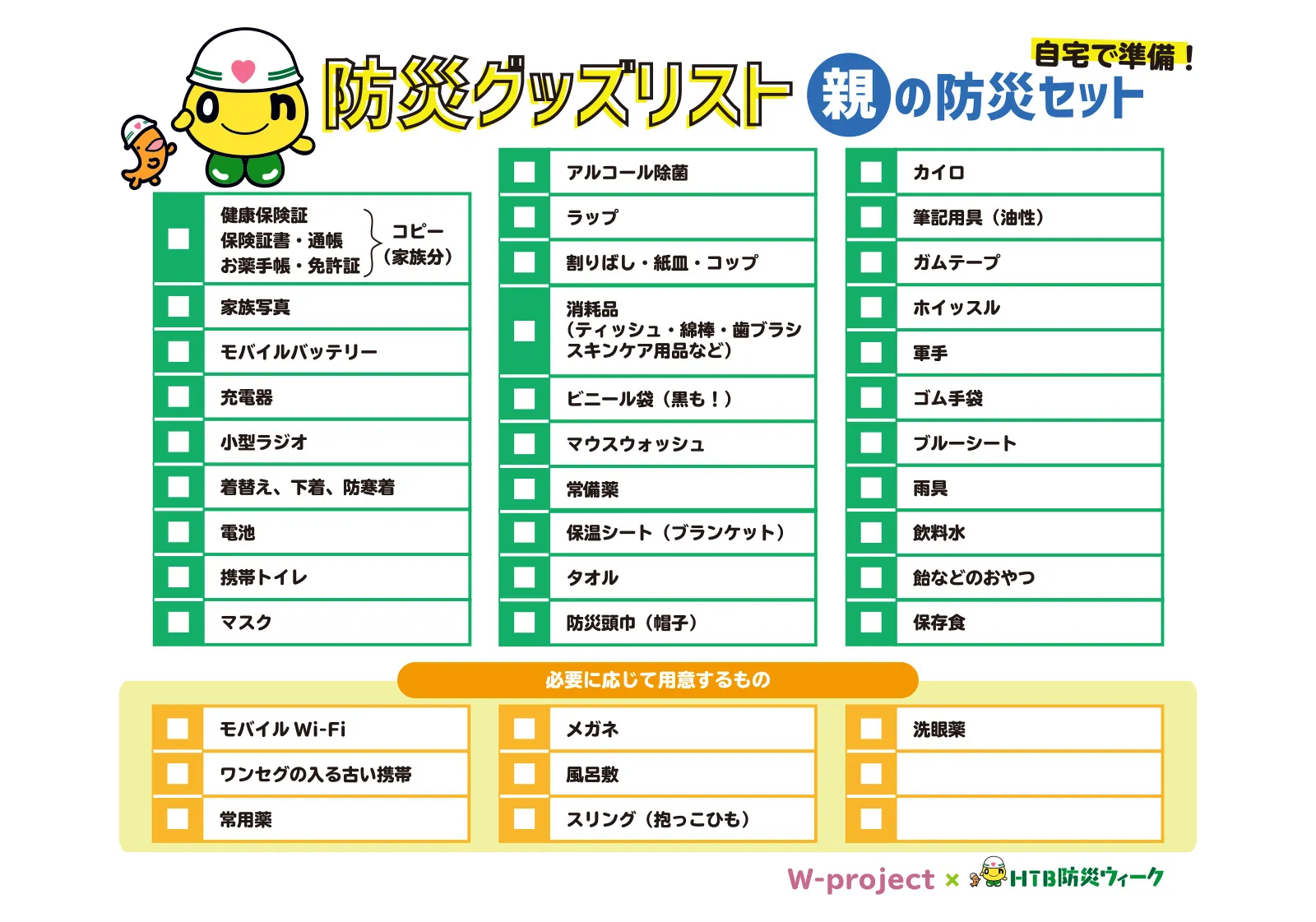 防災グッズリスト親の防災セット【自宅で準備！】
・保険証、保険証書、通帳、お薬手帳、免許証、それぞれのコピー（家族分）
・家族写真
・モバイルバッテリー
・充電器
・小型ラジオ
・着替え、下着、防寒着
・電池
・携帯トイレ
・マスク
・アルコール除菌
・ラップ
・わりばし、紙皿、コップ
・消耗品（ティッシュ、綿棒、歯ブラシ、スキンケア用品など）
・ビニール袋（黒も！）
・マウスウォッシュ
・常備薬
・保温シート（ブランケット）
・タオル
・防災頭巾（帽子）
・カイロ
・筆記用具（油性）
・ガムテープ
・ホイッスル
・軍手
・ゴム手袋
・ブルーシート
・雨具
・飲料水
・飴などのおやつ
・保存食
◆必要に応じて用意するもの
・モバイルWi-Fi
・ワンセグの入る古い携帯
・常備薬
・メガネ
・風呂敷
・スリング（抱っこひも）
・洗眼薬