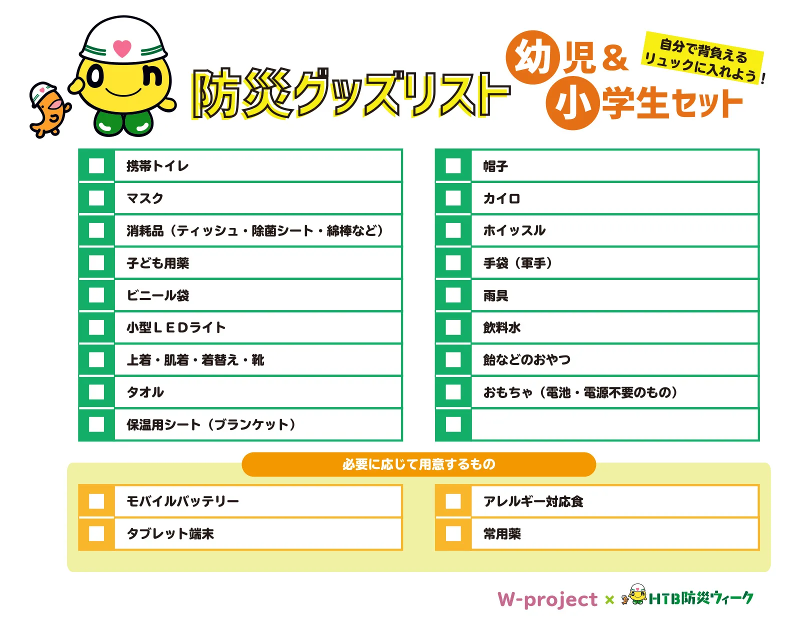 防災グッズリスト幼児＆小学生セット【自分で背負えるリュックに入れよう！】
・携帯トイレ
・マスク
・消耗品（ティッシュ、除菌シート、綿棒など）
・子ども用薬
・ビニール袋
・小型LEDライト
・上着、肌着、着替え、靴
・タオル
・保温用シート（ブランケット）
・帽子
・カイロ
・ホイッスル
・手袋（軍手）
・雨具
・飲料水
・飴などのおやつ
・おもちゃ（電池、電源不要のもの）
◆必要に応じて用意するもの
・モバイルバッテリー
・タブレット端末
・アレルギー対応食
・常用薬