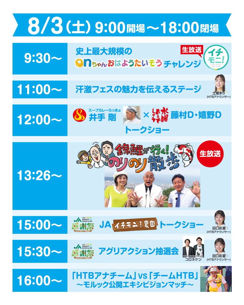 8/3(土) 9:00 開場~18:00閉場
9:30~史上最大規模のonちゃんおはようたいそうチャレンジ イチモニ!生放送
11:00~ 汗激フェスの魅力を伝えるステージ土屋まり(HTBアナウンサー)
12:00~スープカレーらっきょ井手 剛 × 藤村D ・ 嬉野 D トークショー
13:26~錦鯉が行く!のりのり散歩 生放送
15:00~JA感謝祭 JAイチモ二農園 トークショー：田口彩夏(HTBアナウンサー)
15:30~JA感謝祭 アグリアクション抽選会：コロネケン 田口彩夏(HTBアナウンサー)
16:00~「HTBアナチーム」 vs 「チームHTB」 ~モルック公開エキシビジョンマッチ~
