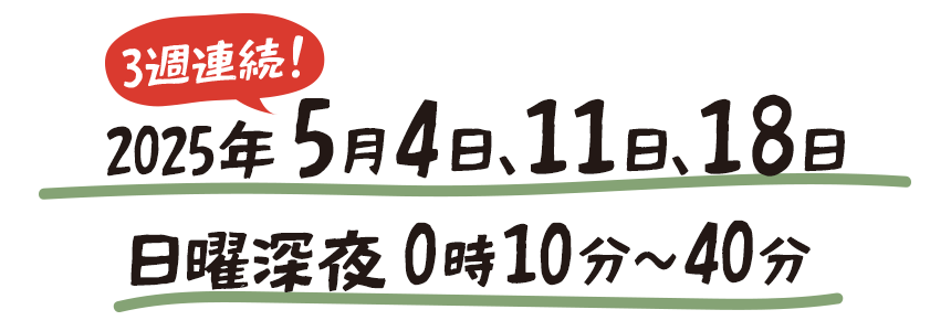 3週連続！2025年5月4日、11日、18日、日曜深夜0時10分～40分