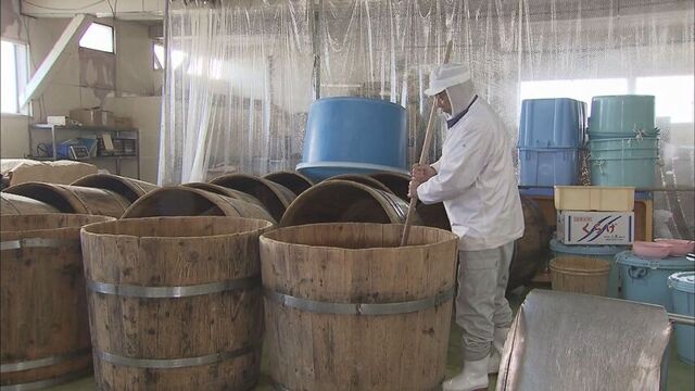 昔ながらの製法で「イカの塩辛」を作る小田島社長（2017年取材）