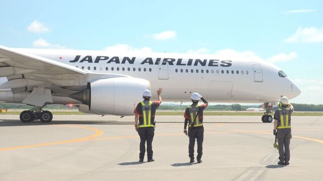 出発を見送る駐機場担当スタッフ