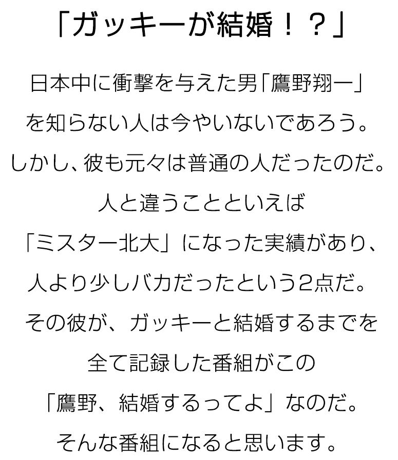 「ガッキーが結婚！？」日本中に衝撃を与えた男「鷹野翔一」を知らない人は今やいないであろう。しかし、彼も元々は普通の人だったのだ。人と違うことといえば「ミスター北大」になった実績があり、人より少しバカだったという2点だ。その彼が、ガッキーと結婚するまでを全て記録した番組がこの「鷹野、結婚するってよ」なのだ。そんな番組になると思います。