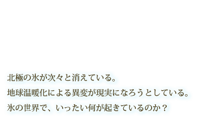 北極の氷が次々と消えている。地球温暖化による異変が現実になろうとしている。氷の世界で、いったい何が起きているのか？