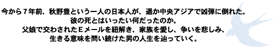 今から7年前、秋野豊という一人の日本人が、遙か中央アジアで凶弾に倒れた。
彼の死とはいったい何だったのか。
父娘で交わされたEメールを紐解き、家族を愛し、争いを悲しみ、生きる意味を問い続けた男の人生を辿っていく。